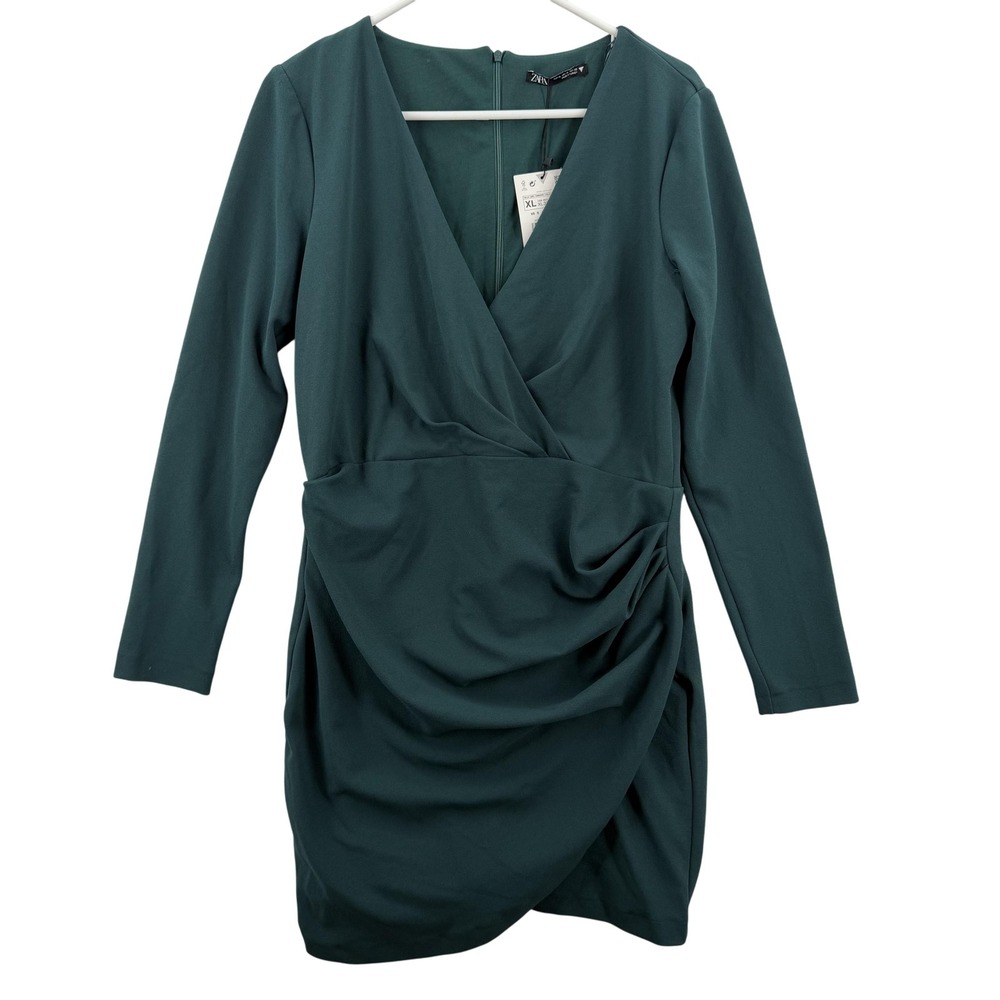 Zara Dress Womens Large Green Long Sleeve Wrap‎ Ruched Surplice Mini Cocktail